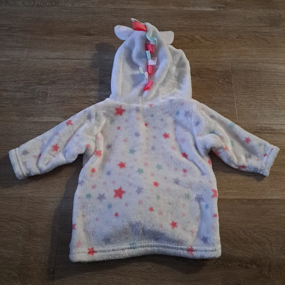 HB White Unicorn Hooded Plush Robe Multicolor Stars Belt Baby's Size 0-9 Months